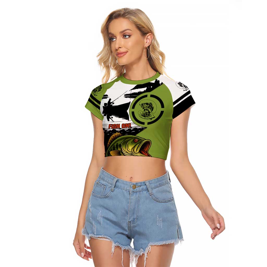 Largemouth Bass Fishing Raglan Cropped T Shirt Fish On Text and Boat Scene in Green and Black Custom Design - Wonder Print Shop