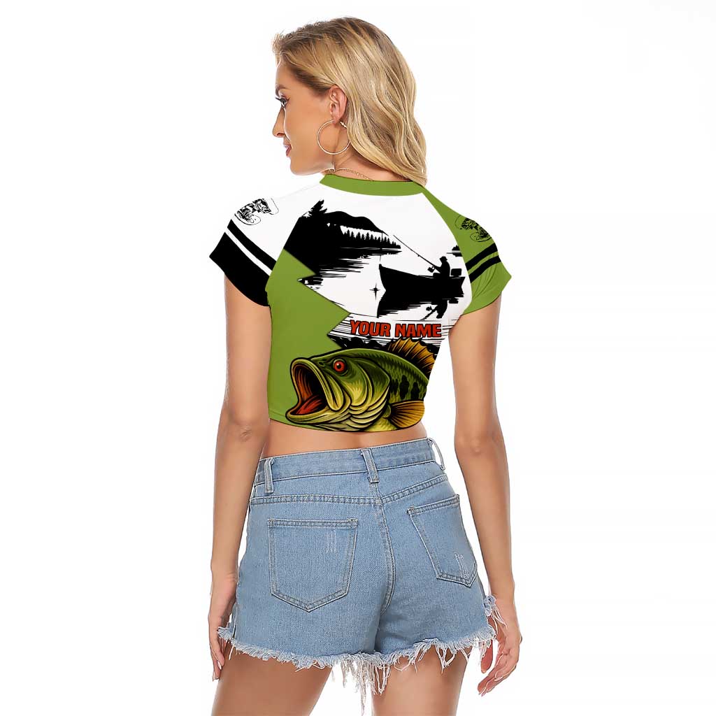 Largemouth Bass Fishing Raglan Cropped T Shirt Fish On Text and Boat Scene in Green and Black Custom Design - Wonder Print Shop