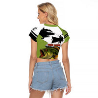 Largemouth Bass Fishing Raglan Cropped T Shirt Fish On Text and Boat Scene in Green and Black Custom Design - Wonder Print Shop