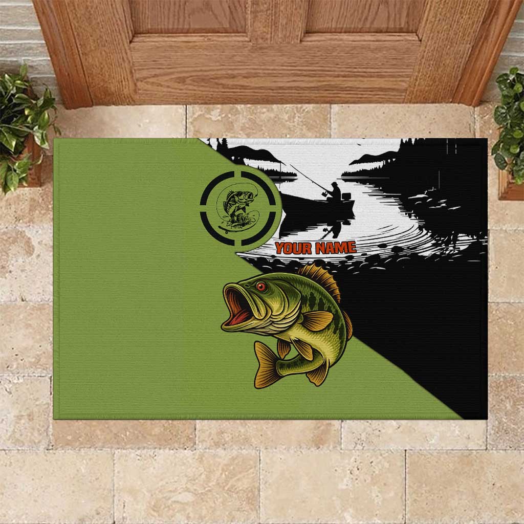 Largemouth Bass Fishing Rubber Doormat Fish On Text and Boat Scene in Green and Black Custom Design - Wonder Print Shop