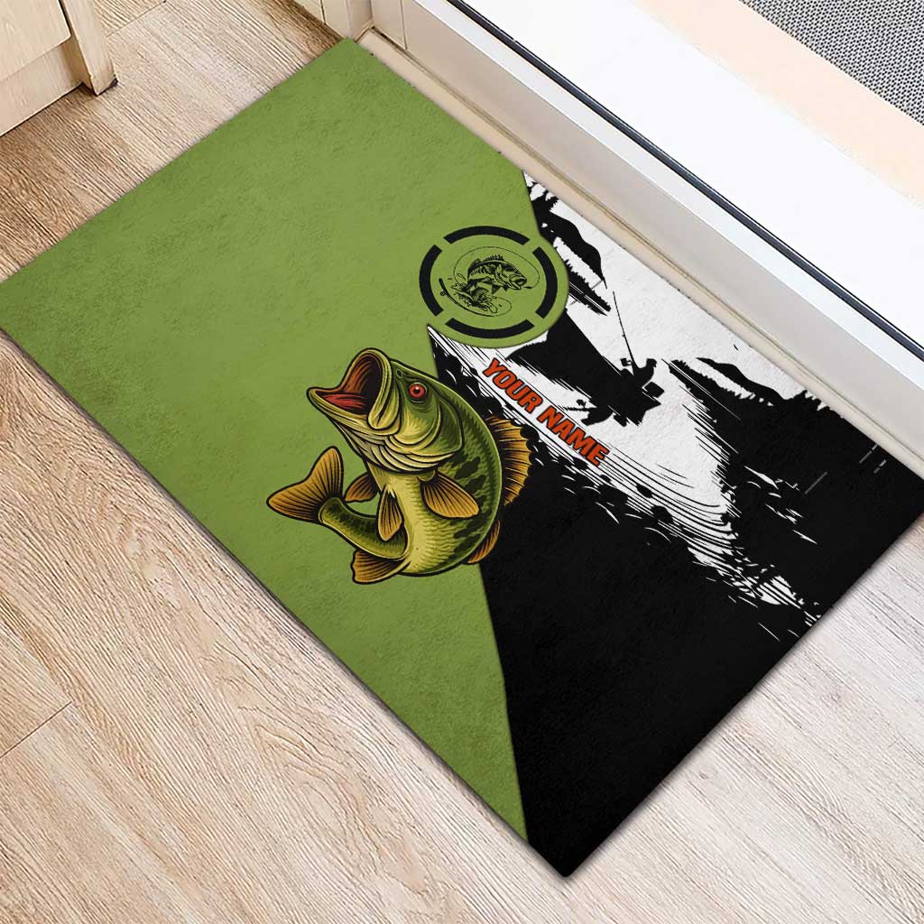 Largemouth Bass Fishing Rubber Doormat Fish On Text and Boat Scene in Green and Black Custom Design - Wonder Print Shop