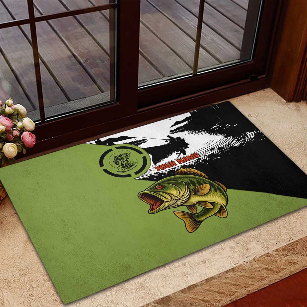 Largemouth Bass Fishing Rubber Doormat Fish On Text and Boat Scene in Green and Black Custom Design - Wonder Print Shop