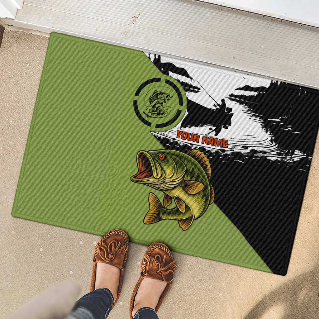 Largemouth Bass Fishing Rubber Doormat Fish On Text and Boat Scene in Green and Black Custom Design - Wonder Print Shop