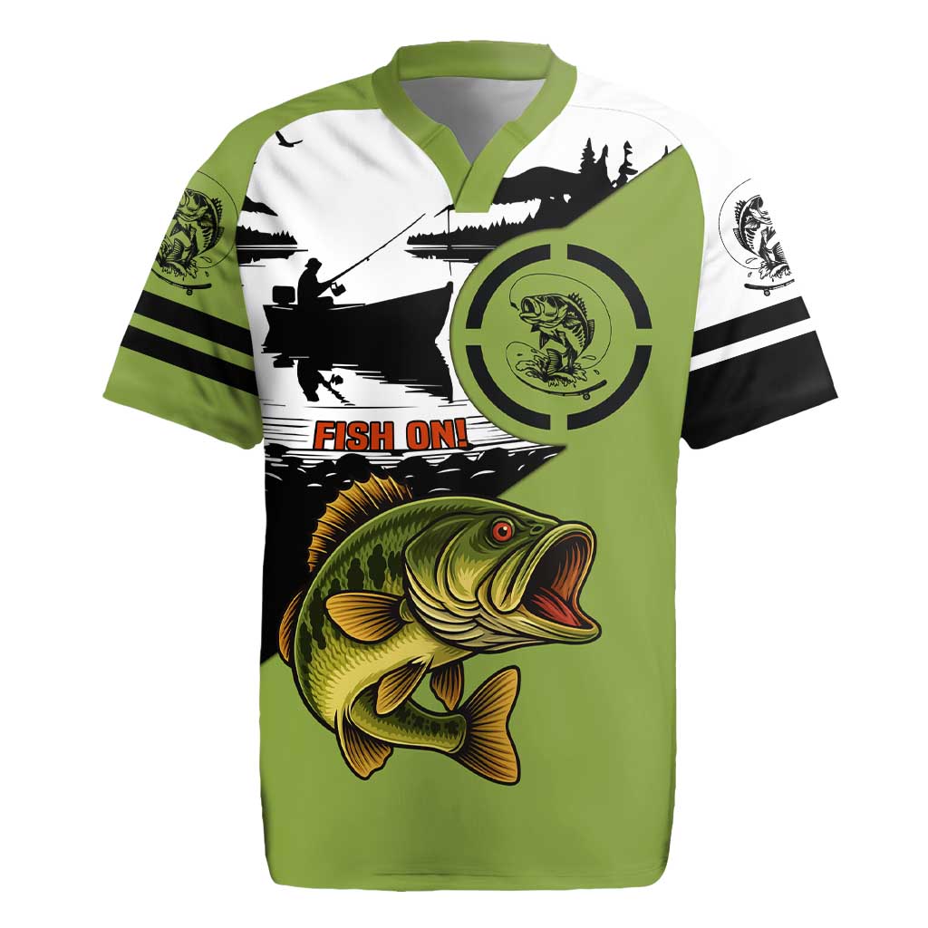 Largemouth Bass Fishing Rugby Jersey Fish On Text and Boat Scene in Green and Black Custom Design - Wonder Print Shop