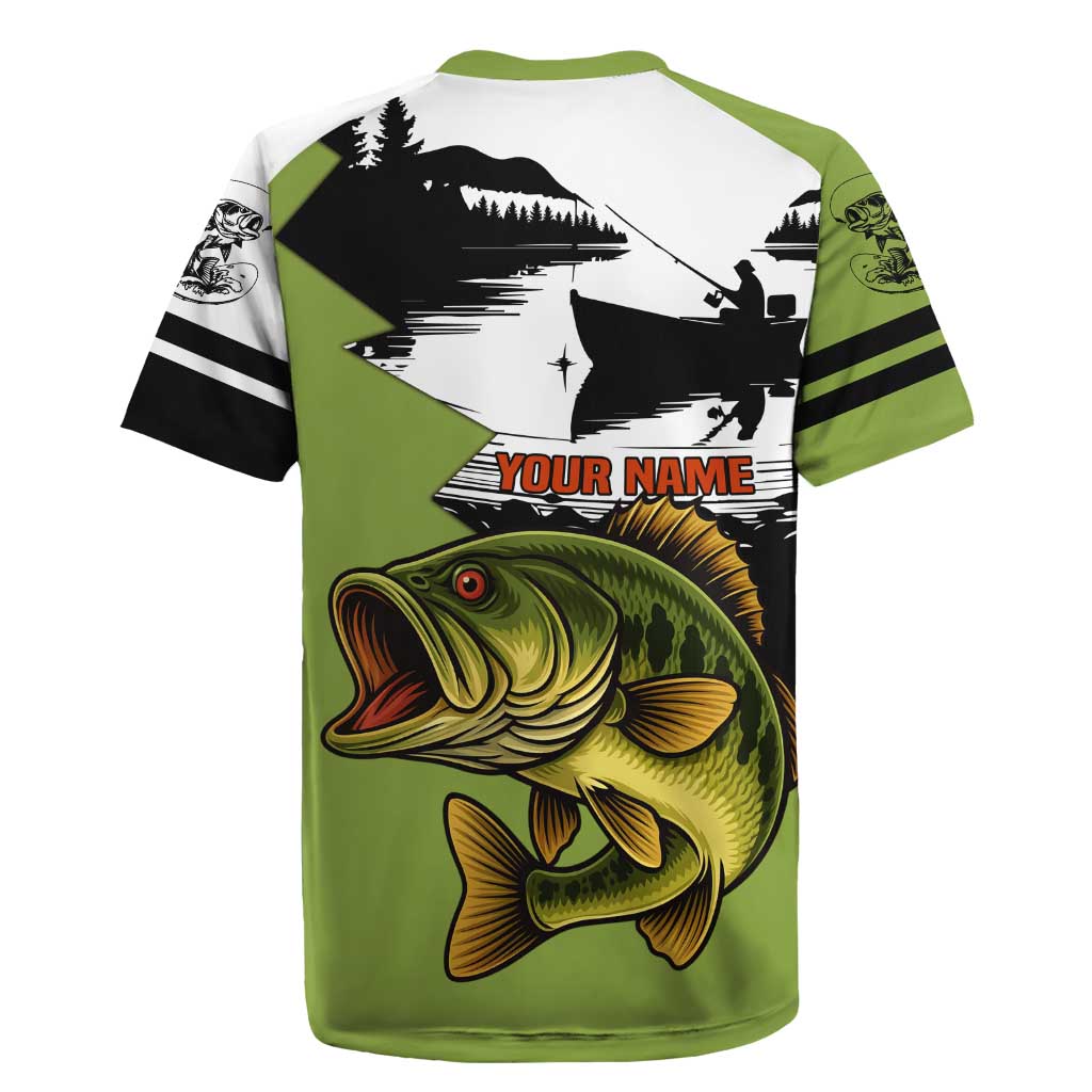 Largemouth Bass Fishing Rugby Jersey Fish On Text and Boat Scene in Green and Black Custom Design - Wonder Print Shop