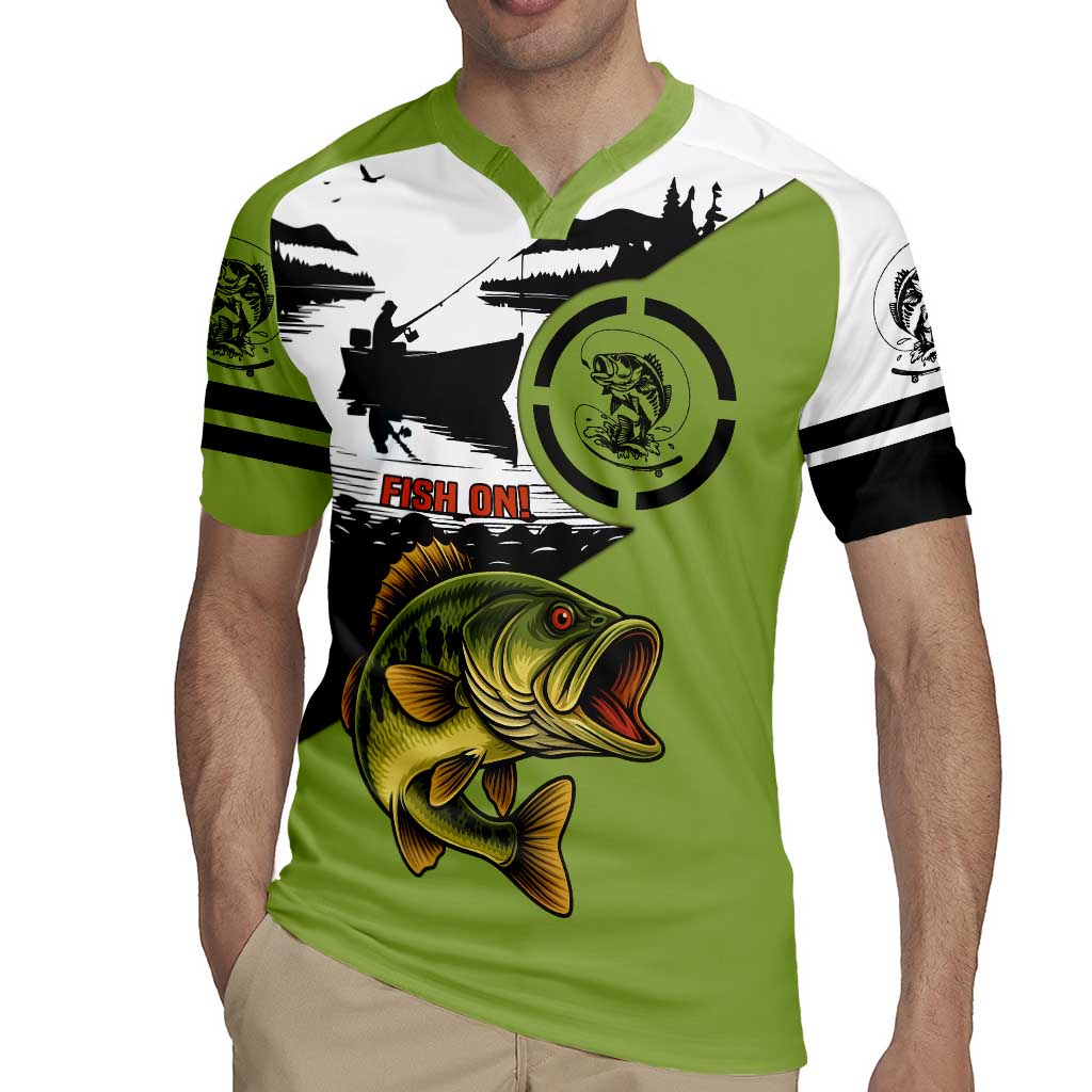 Largemouth Bass Fishing Rugby Jersey Fish On Text and Boat Scene in Green and Black Custom Design - Wonder Print Shop
