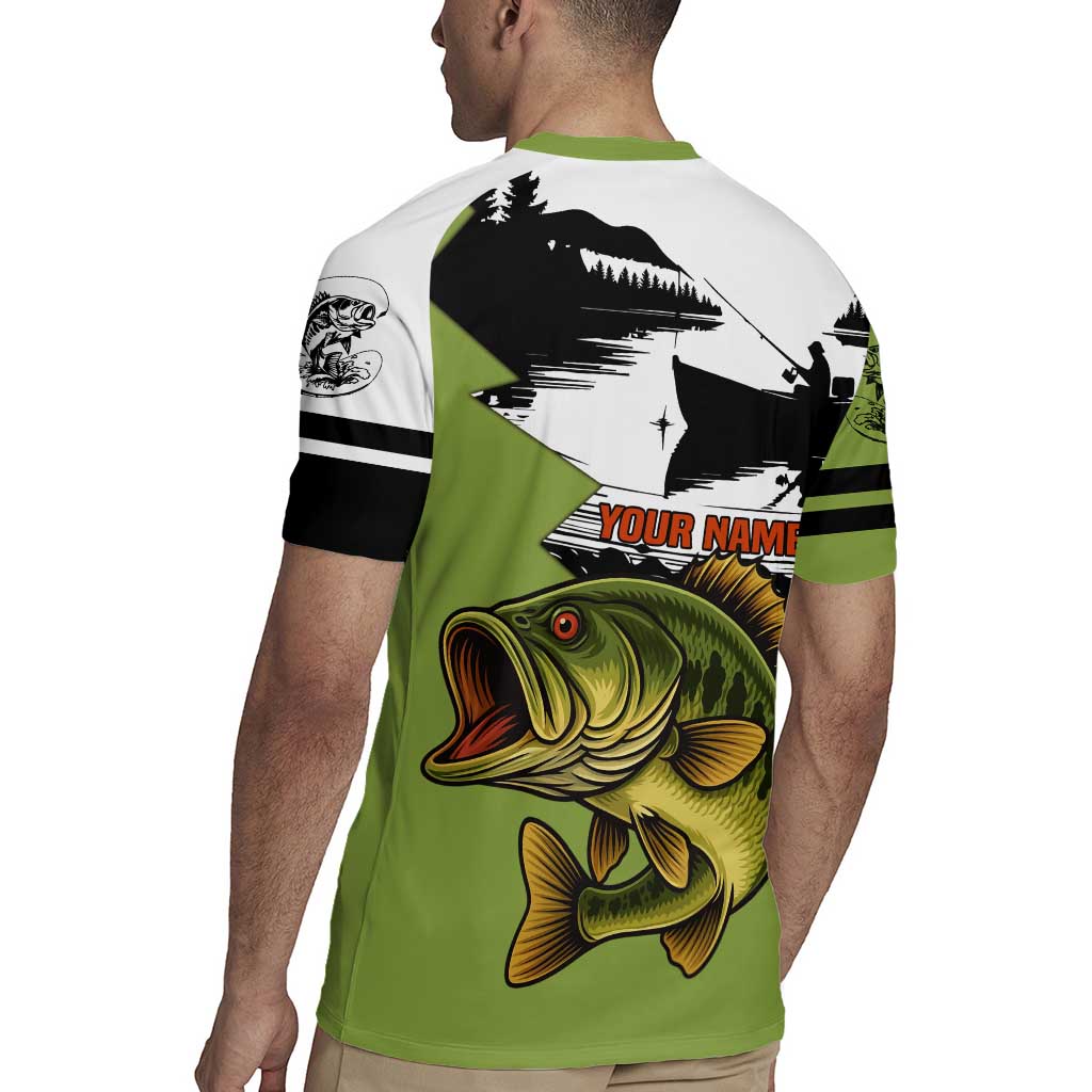 Largemouth Bass Fishing Rugby Jersey Fish On Text and Boat Scene in Green and Black Custom Design - Wonder Print Shop
