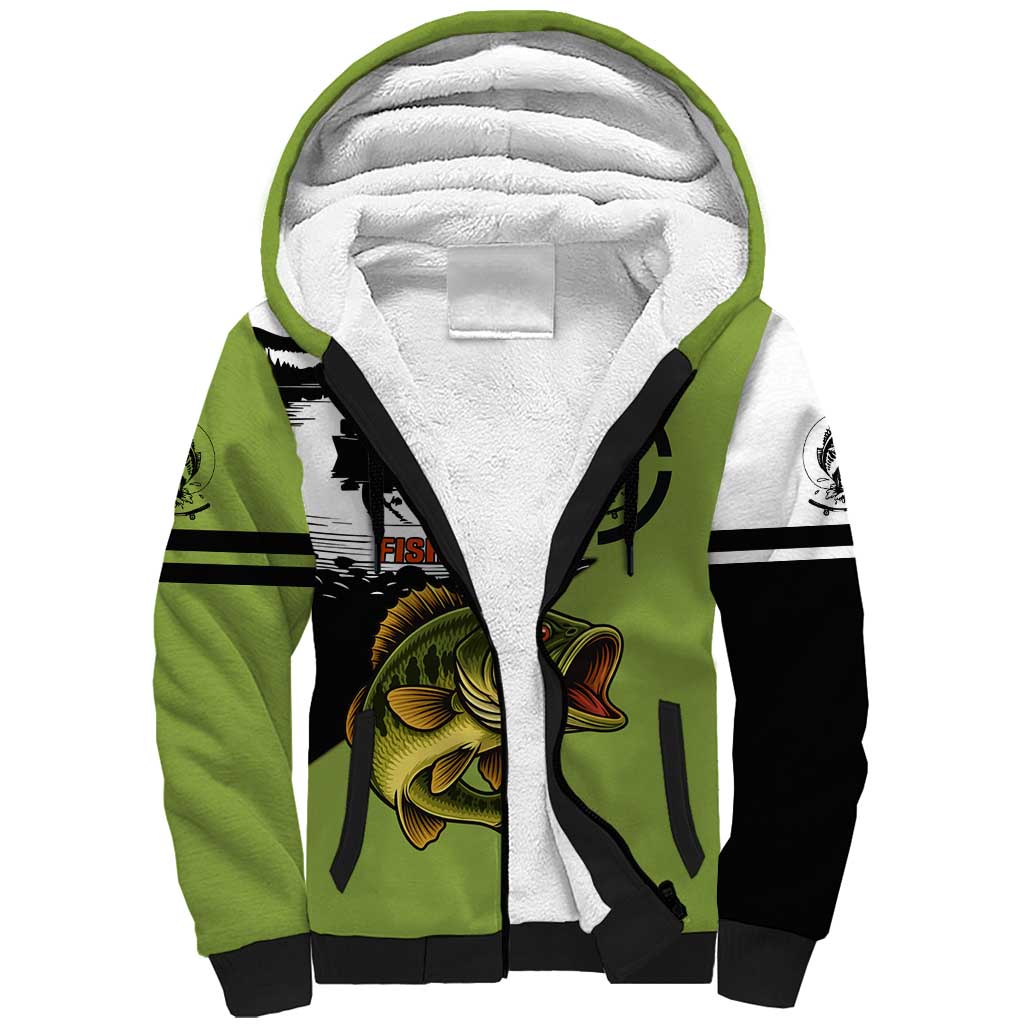 Largemouth Bass Fishing Sherpa Hoodie Fish On Text and Boat Scene in Green and Black Custom Design - Wonder Print Shop