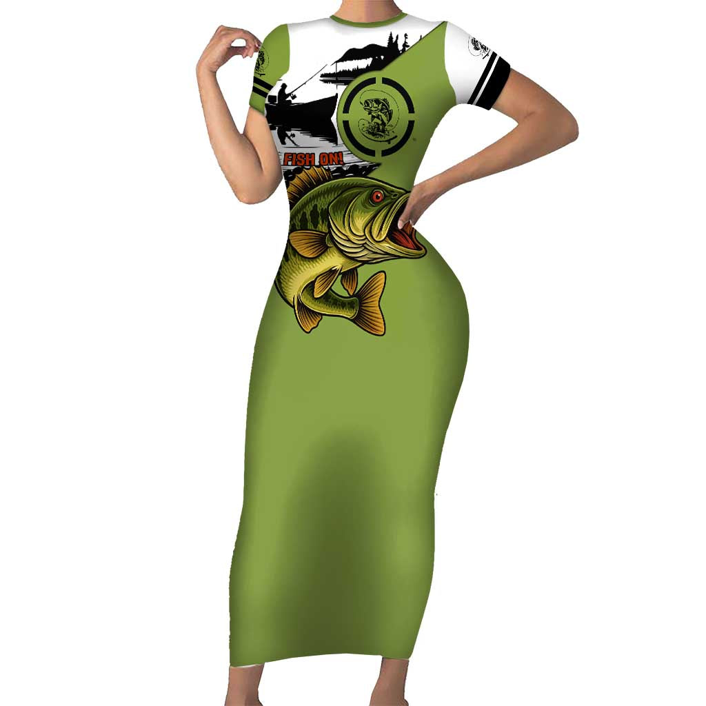 Largemouth Bass Fishing Short Sleeve Bodycon Dress Fish On Text and Boat Scene in Green and Black Custom Design - Wonder Print Shop