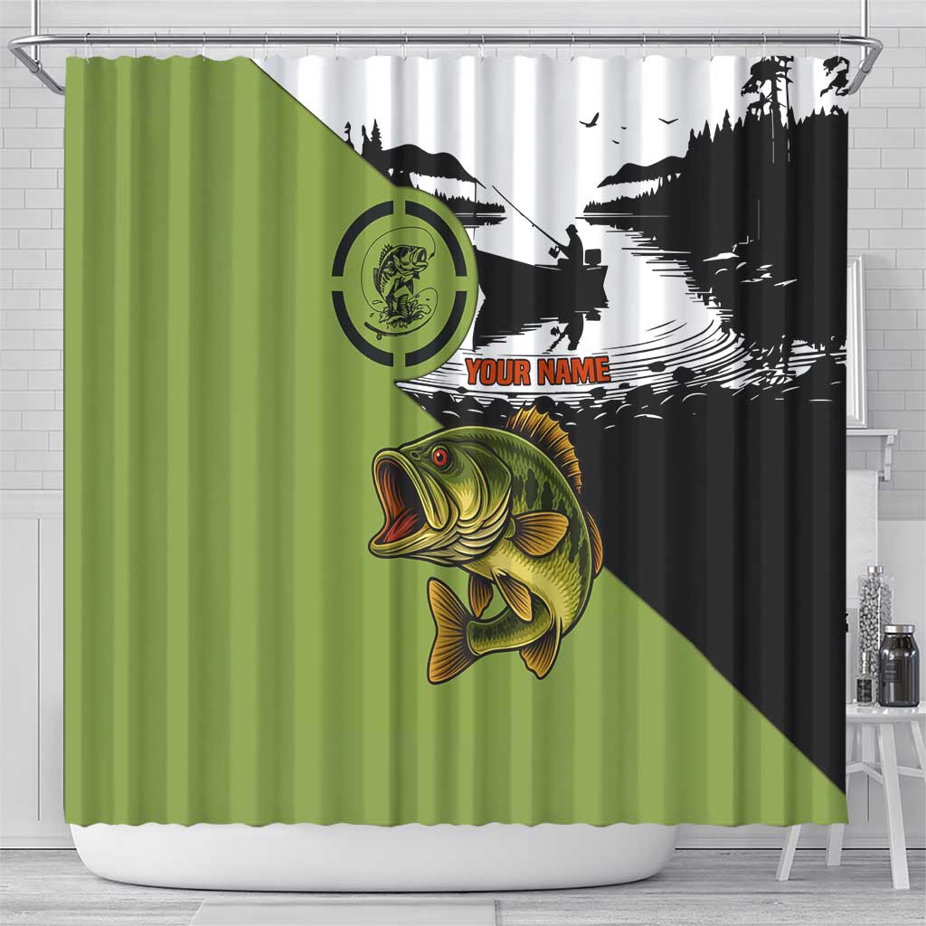 Largemouth Bass Fishing Shower Curtain Fish On Text and Boat Scene in Green and Black Custom Design - Wonder Print Shop