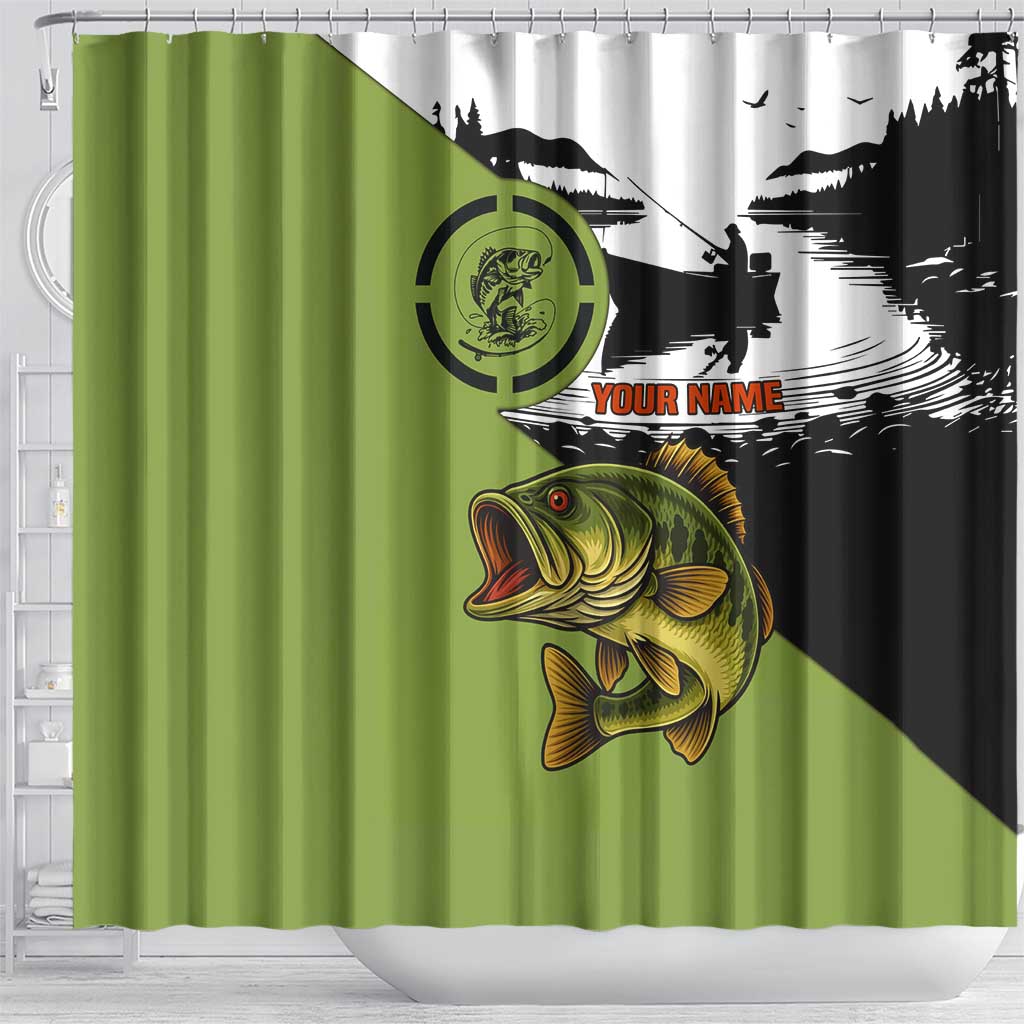 Largemouth Bass Fishing Shower Curtain Fish On Text and Boat Scene in Green and Black Custom Design - Wonder Print Shop
