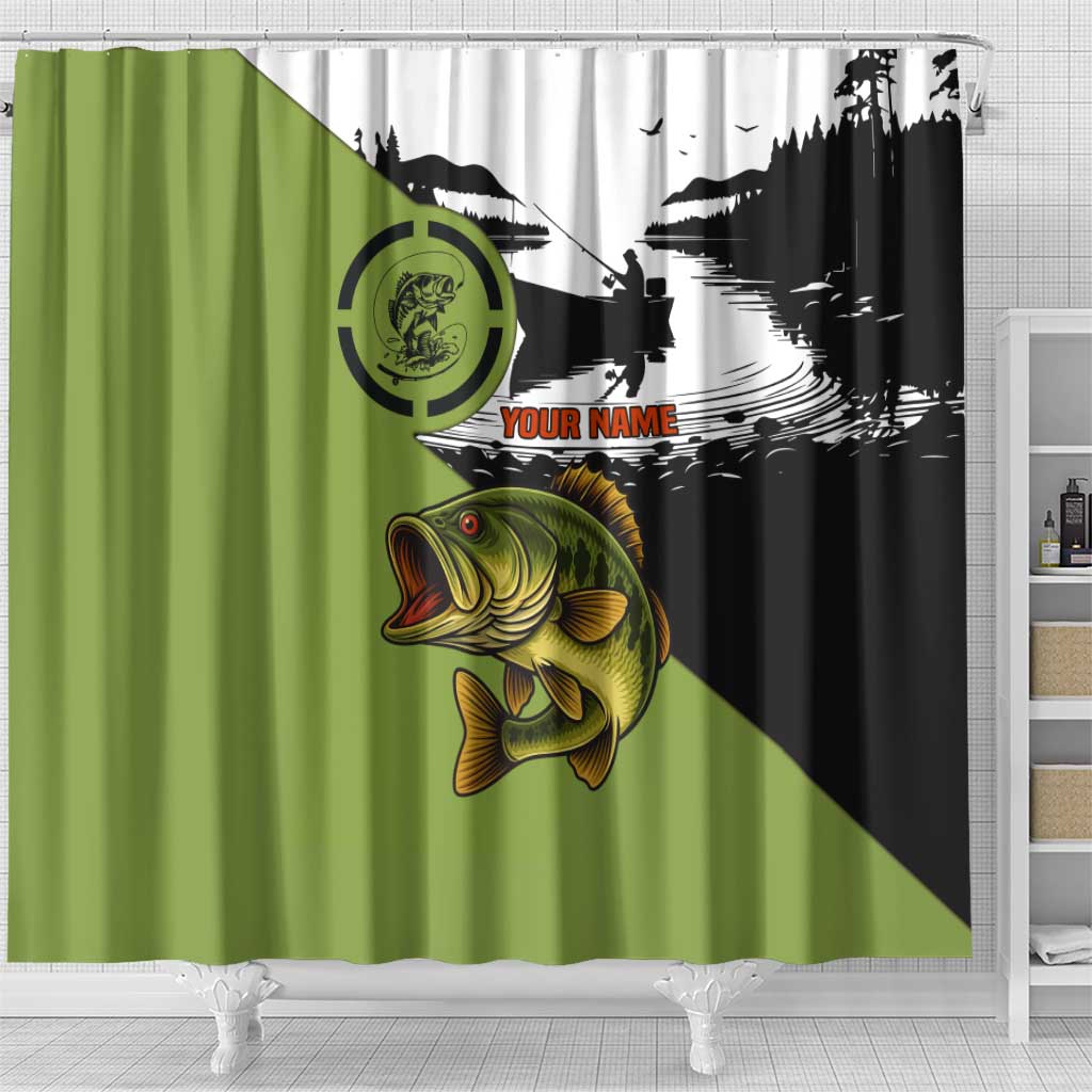 Largemouth Bass Fishing Shower Curtain Fish On Text and Boat Scene in Green and Black Custom Design - Wonder Print Shop