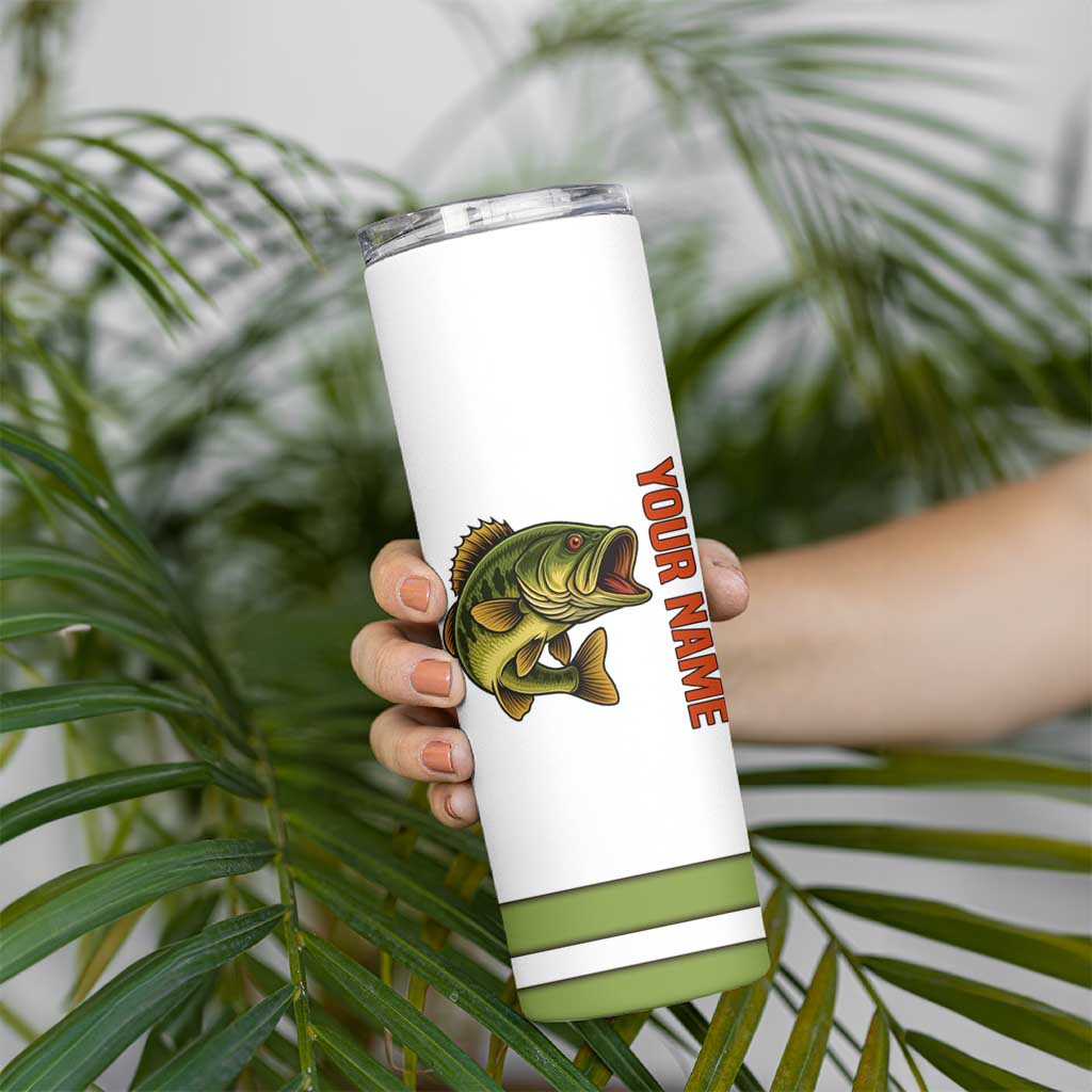 Largemouth Bass Fishing Skinny Tumbler Fish On Text and Boat Scene in Green and Black Custom Design - Wonder Print Shop