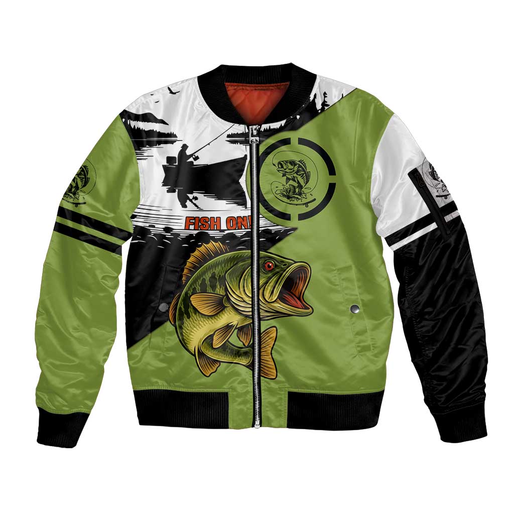 Largemouth Bass Fishing Sleeve Zip Bomber Jacket Fish On Text and Boat Scene in Green and Black Custom Design - Wonder Print Shop