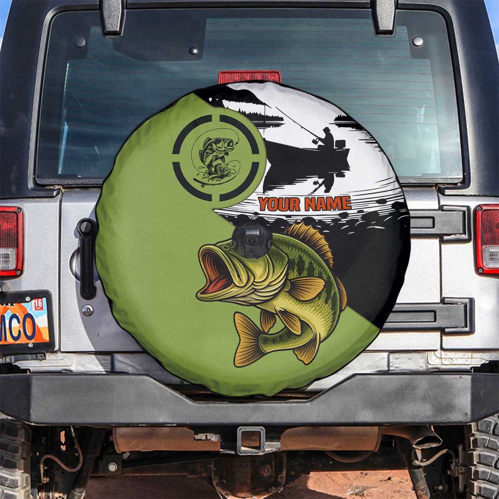 Largemouth Bass Fishing Spare Tire Cover Fish On Text and Boat Scene in Green and Black Custom Design - Wonder Print Shop