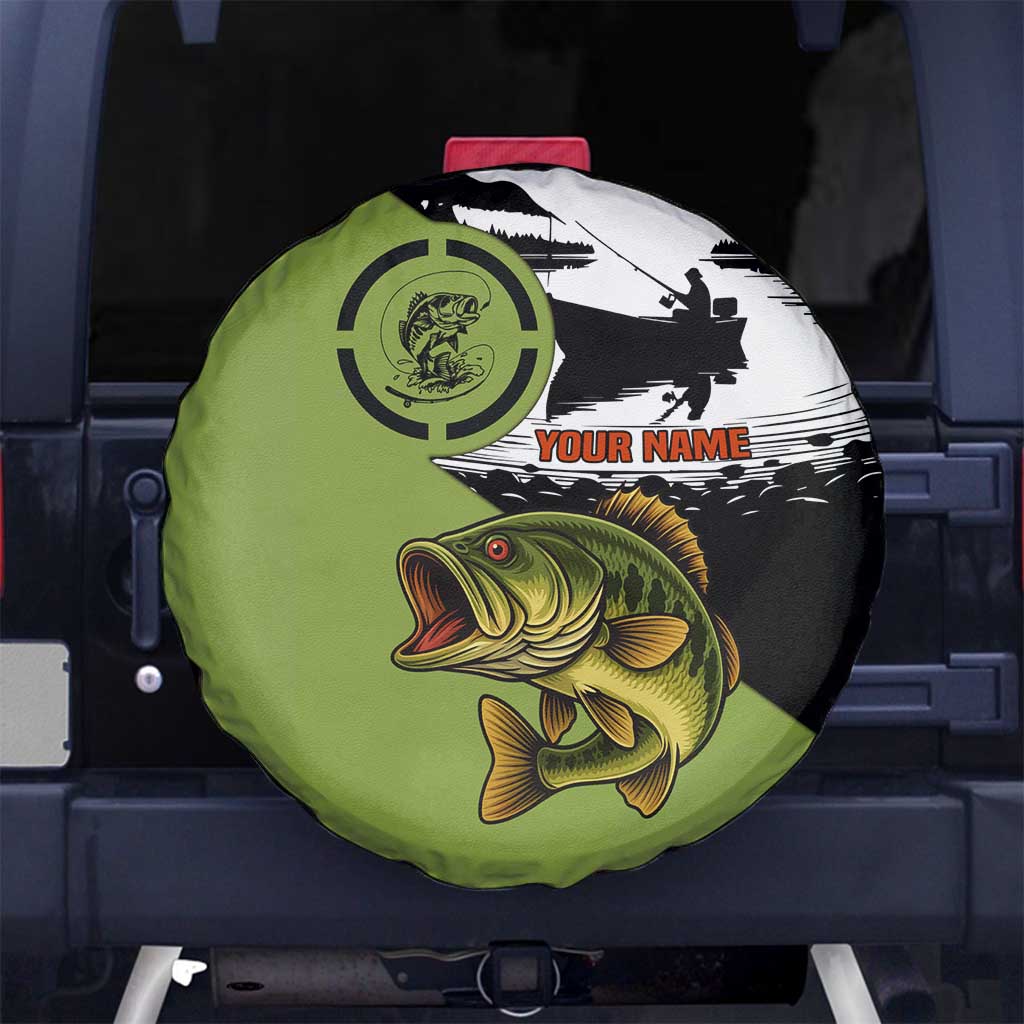 Largemouth Bass Fishing Spare Tire Cover Fish On Text and Boat Scene in Green and Black Custom Design - Wonder Print Shop