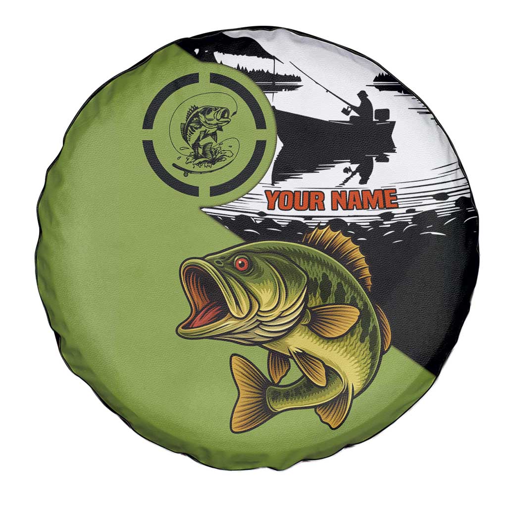Largemouth Bass Fishing Spare Tire Cover Fish On Text and Boat Scene in Green and Black Custom Design - Wonder Print Shop