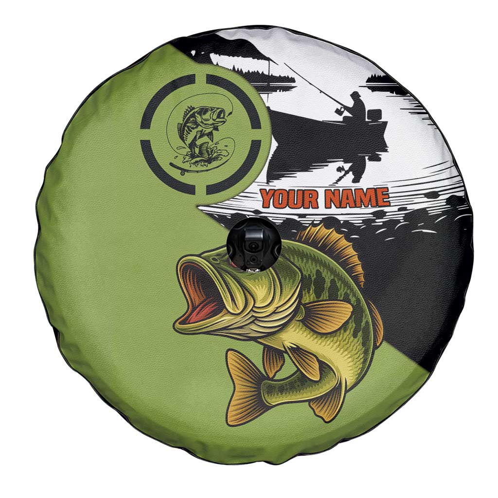 Largemouth Bass Fishing Spare Tire Cover Fish On Text and Boat Scene in Green and Black Custom Design - Wonder Print Shop
