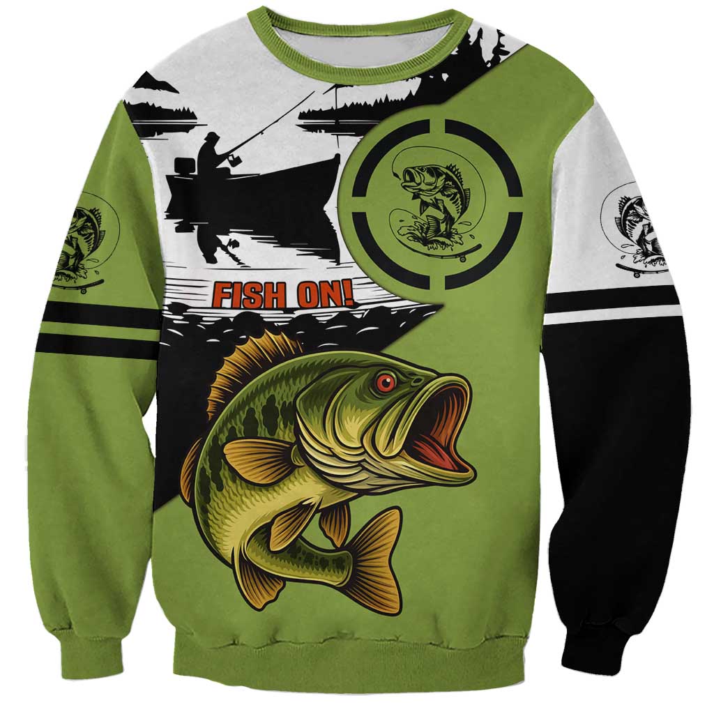 Largemouth Bass Fishing Sweatshirt Fish On Text and Boat Scene in Green and Black Custom Design - Wonder Print Shop