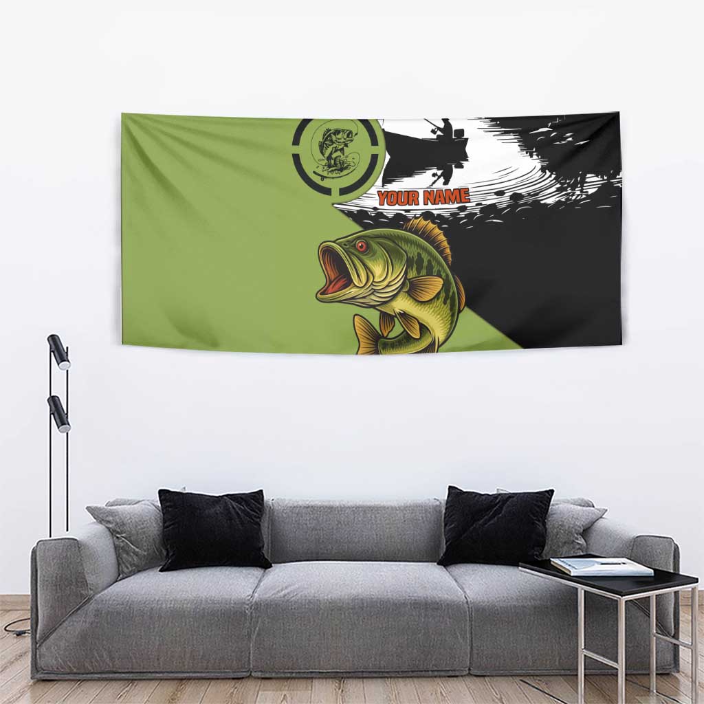 Largemouth Bass Fishing Tapestry Fish On Text and Boat Scene in Green and Black Custom Design - Wonder Print Shop