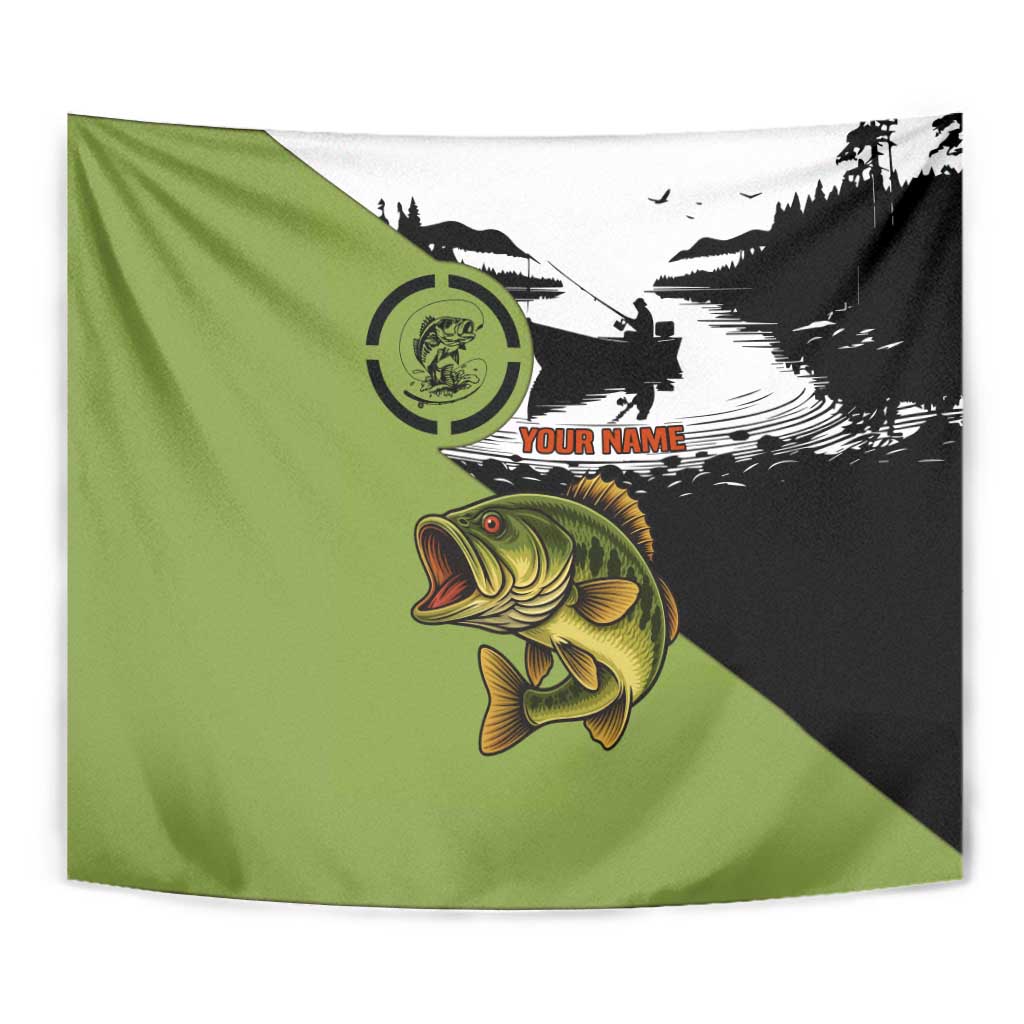 Largemouth Bass Fishing Tapestry Fish On Text and Boat Scene in Green and Black Custom Design - Wonder Print Shop