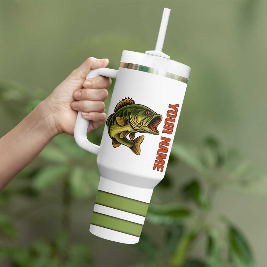 Largemouth Bass Fishing Tumbler With Handle Fish On Text and Boat Scene in Green and Black Custom Design - Wonder Print Shop