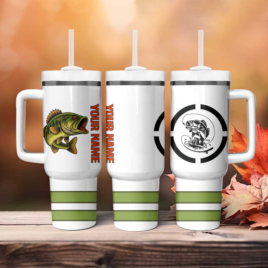 Largemouth Bass Fishing Tumbler With Handle Fish On Text and Boat Scene in Green and Black Custom Design - Wonder Print Shop