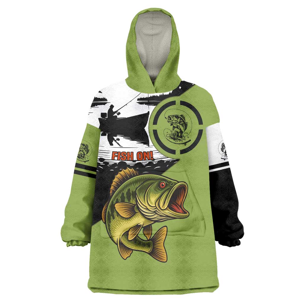 Largemouth Bass Fishing Wearable Blanket Hoodie Fish On Text and Boat Scene in Green and Black Custom Design - Wonder Print Shop