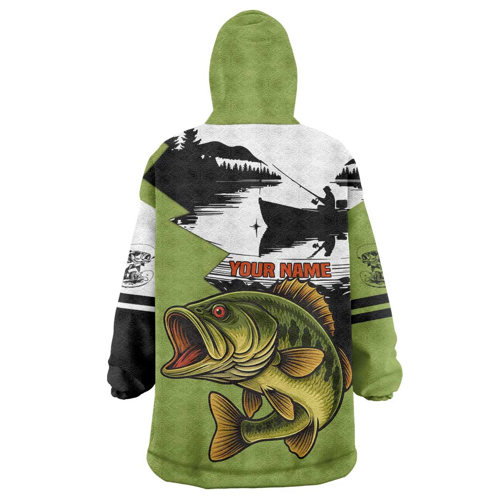 Largemouth Bass Fishing Wearable Blanket Hoodie Fish On Text and Boat Scene in Green and Black Custom Design - Wonder Print Shop