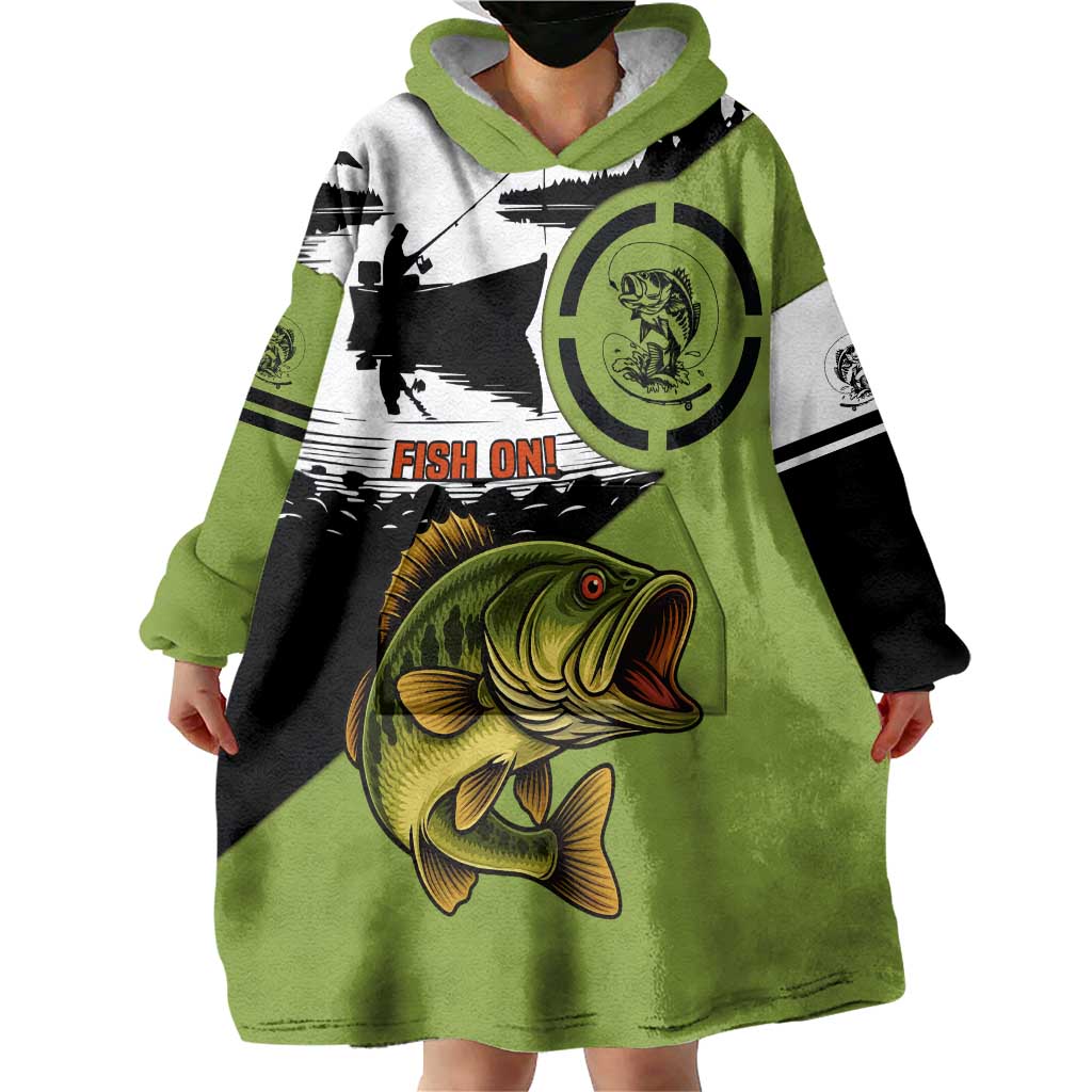 Largemouth Bass Fishing Wearable Blanket Hoodie Fish On Text and Boat Scene in Green and Black Custom Design - Wonder Print Shop