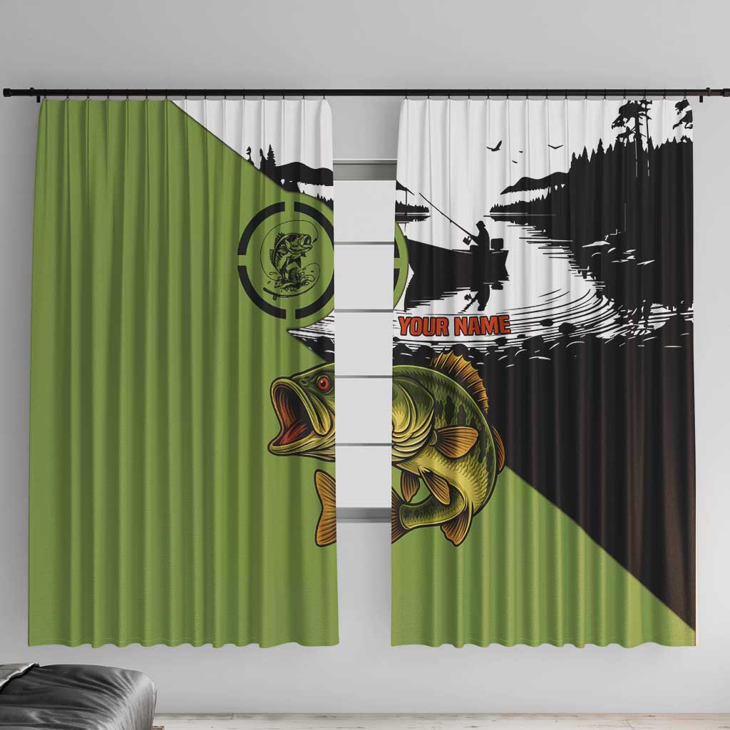 Largemouth Bass Fishing Window Curtain Fish On Text and Boat Scene in Green and Black Custom Design - Wonder Print Shop