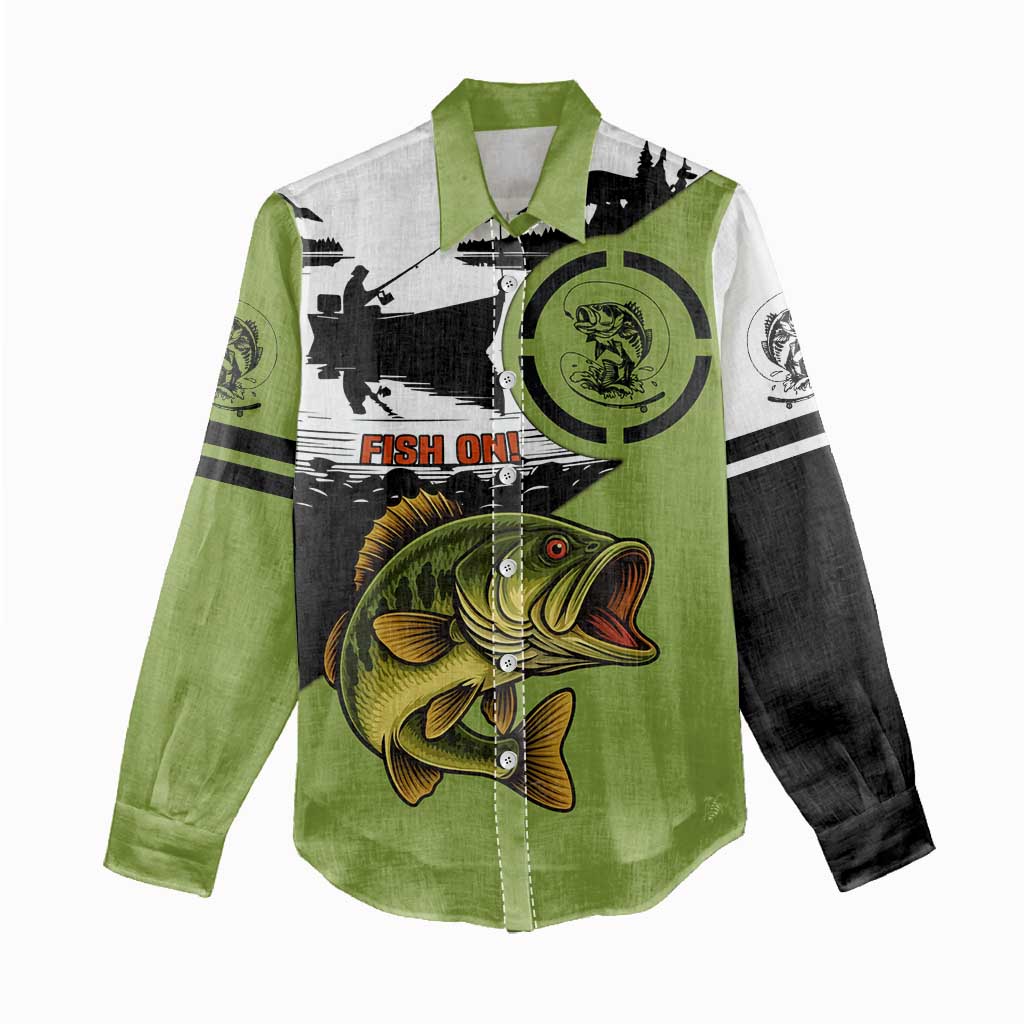 Largemouth Bass Fishing Women Casual Shirt Fish On Text and Boat Scene in Green and Black Custom Design - Wonder Print Shop