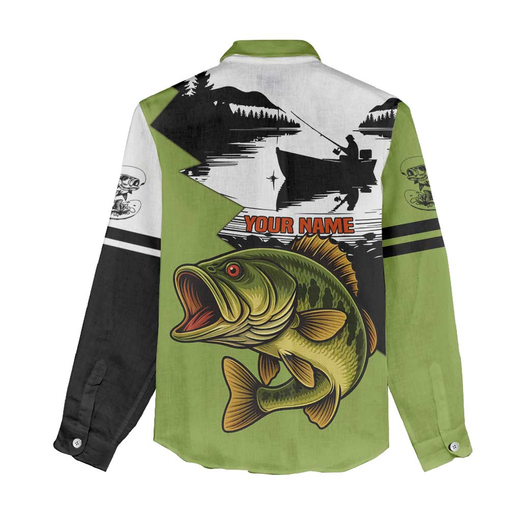 Largemouth Bass Fishing Women Casual Shirt Fish On Text and Boat Scene in Green and Black Custom Design - Wonder Print Shop