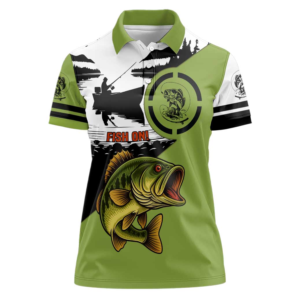 Largemouth Bass Fishing Women Polo Shirt Fish On Text and Boat Scene in Green and Black Custom Design - Wonder Print Shop