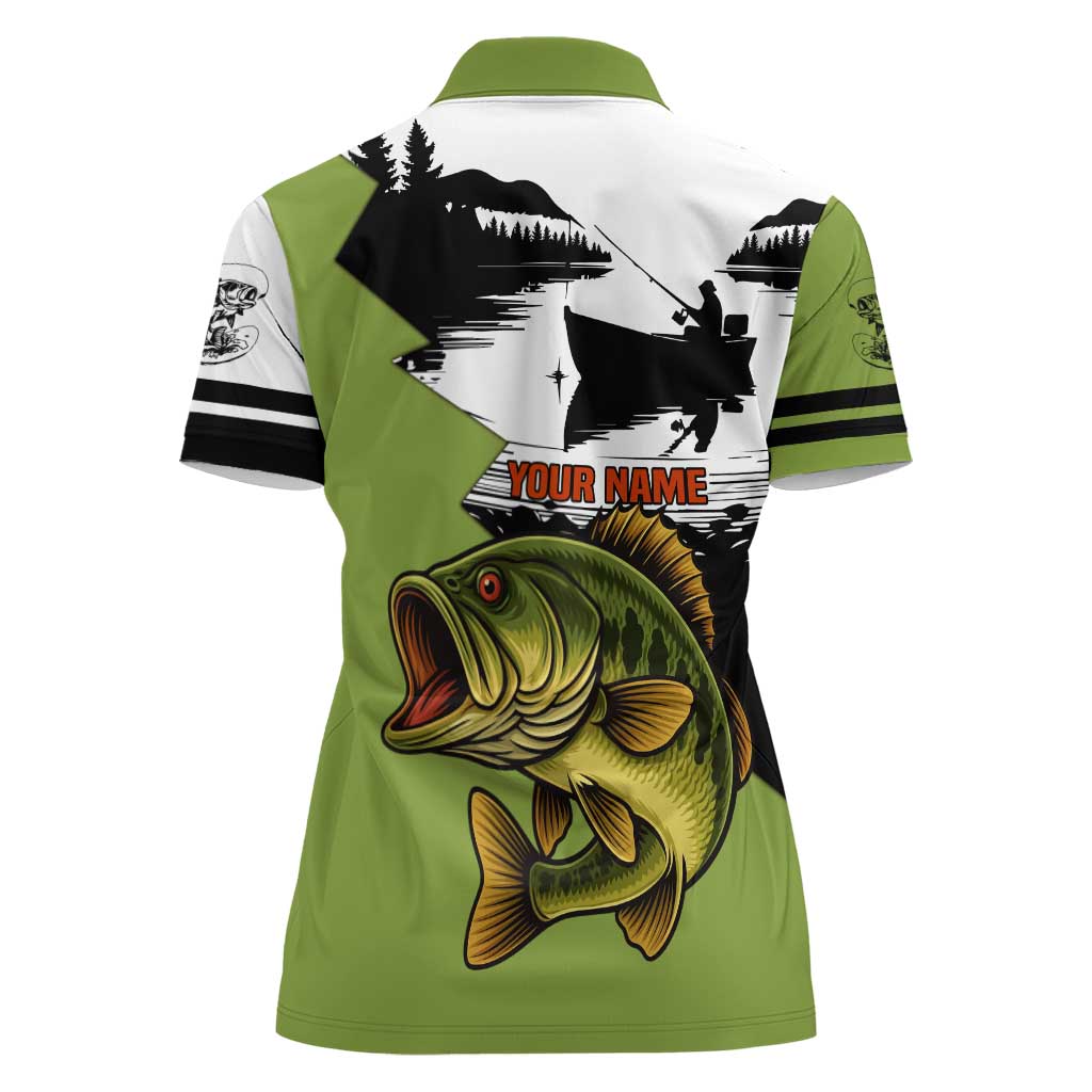 Largemouth Bass Fishing Women Polo Shirt Fish On Text and Boat Scene in Green and Black Custom Design - Wonder Print Shop