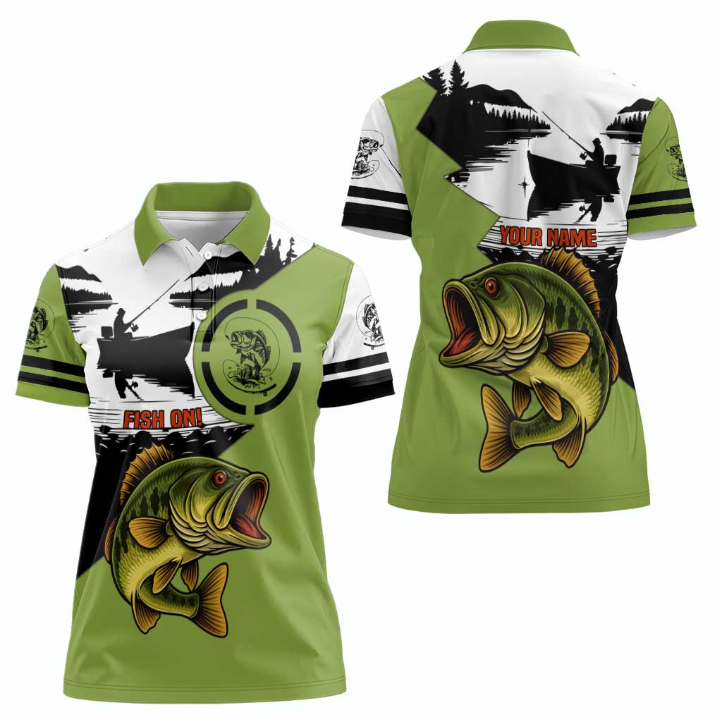 Largemouth Bass Fishing Women Polo Shirt Fish On Text and Boat Scene in Green and Black Custom Design - Wonder Print Shop
