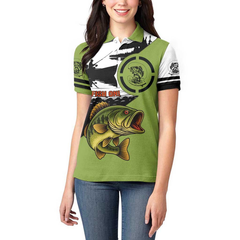Largemouth Bass Fishing Women Polo Shirt Fish On Text and Boat Scene in Green and Black Custom Design - Wonder Print Shop
