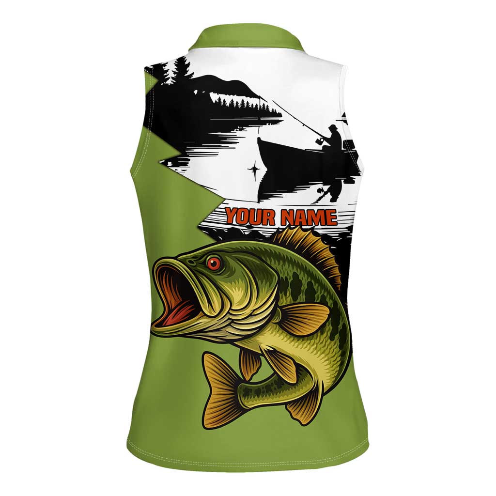 Largemouth Bass Fishing Women Sleeveless Polo Shirt Fish On Text and Boat Scene in Green and Black Custom Design - Wonder Print Shop
