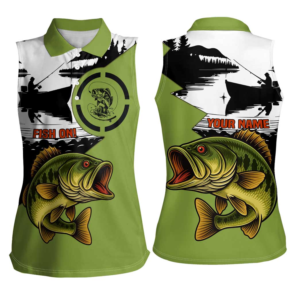Largemouth Bass Fishing Women Sleeveless Polo Shirt Fish On Text and Boat Scene in Green and Black Custom Design - Wonder Print Shop
