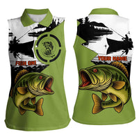 Largemouth Bass Fishing Women Sleeveless Polo Shirt Fish On Text and Boat Scene in Green and Black Custom Design - Wonder Print Shop