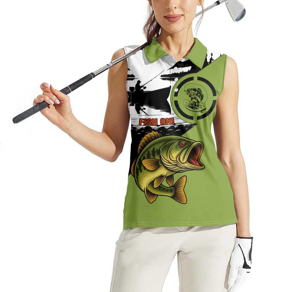 Largemouth Bass Fishing Women Sleeveless Polo Shirt Fish On Text and Boat Scene in Green and Black Custom Design - Wonder Print Shop