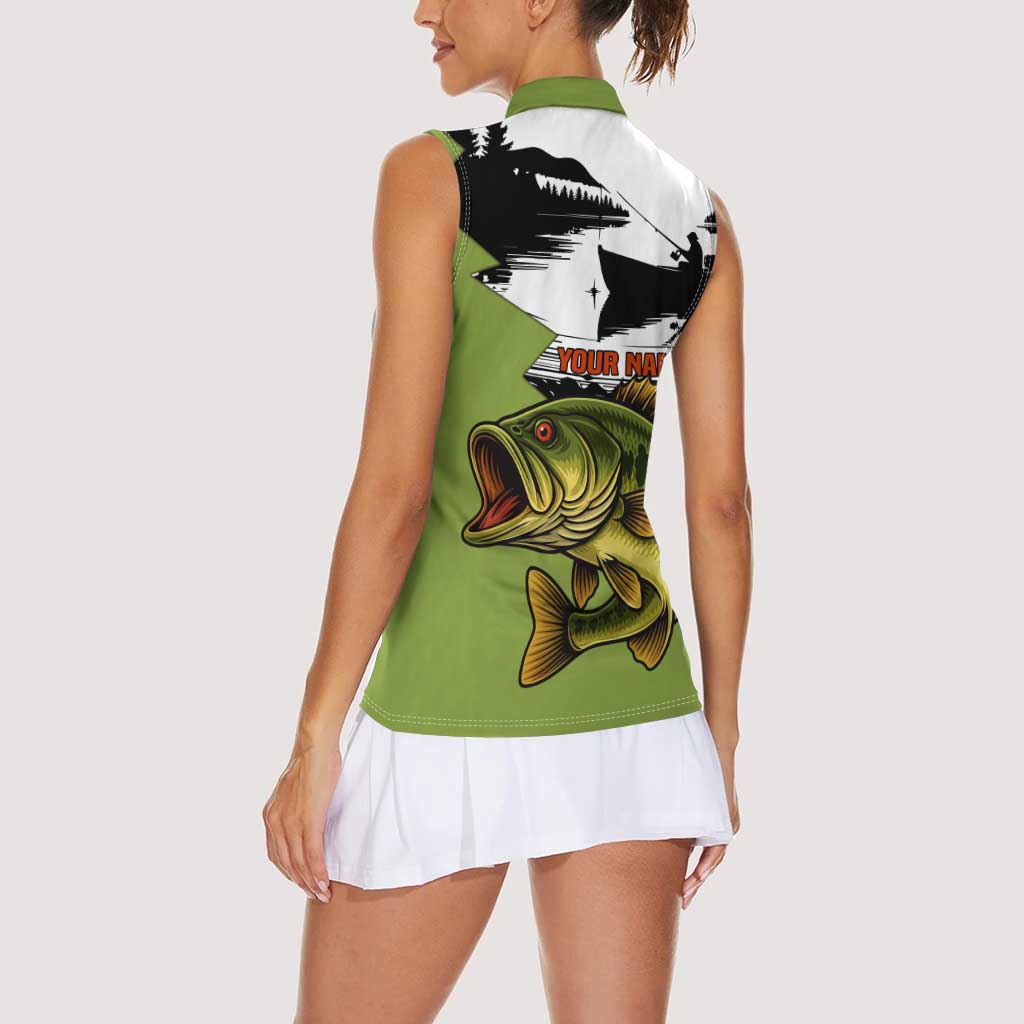 Largemouth Bass Fishing Women Sleeveless Polo Shirt Fish On Text and Boat Scene in Green and Black Custom Design - Wonder Print Shop