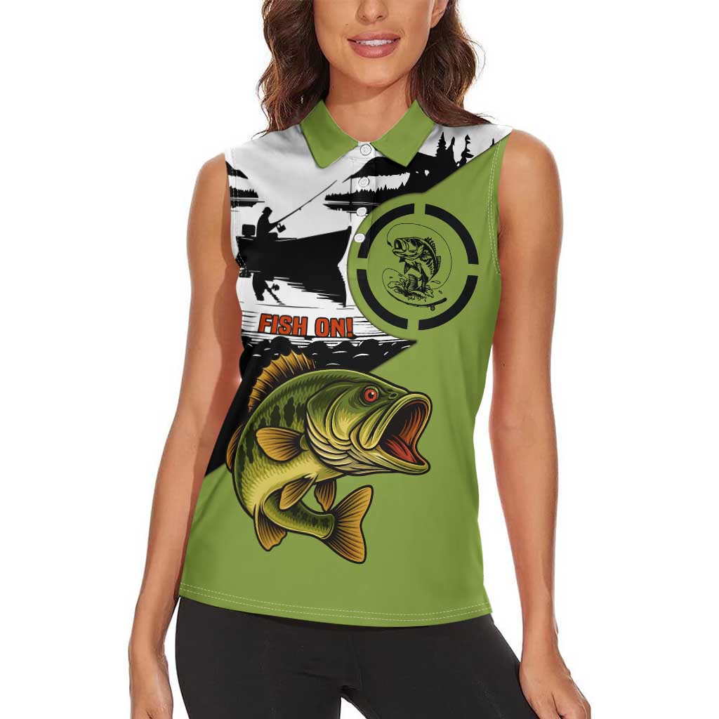 Largemouth Bass Fishing Women Sleeveless Polo Shirt Fish On Text and Boat Scene in Green and Black Custom Design - Wonder Print Shop