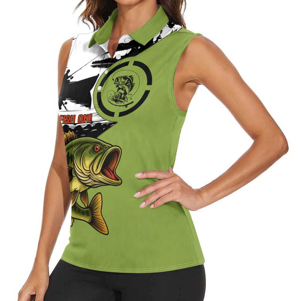 Largemouth Bass Fishing Women Sleeveless Polo Shirt Fish On Text and Boat Scene in Green and Black Custom Design - Wonder Print Shop