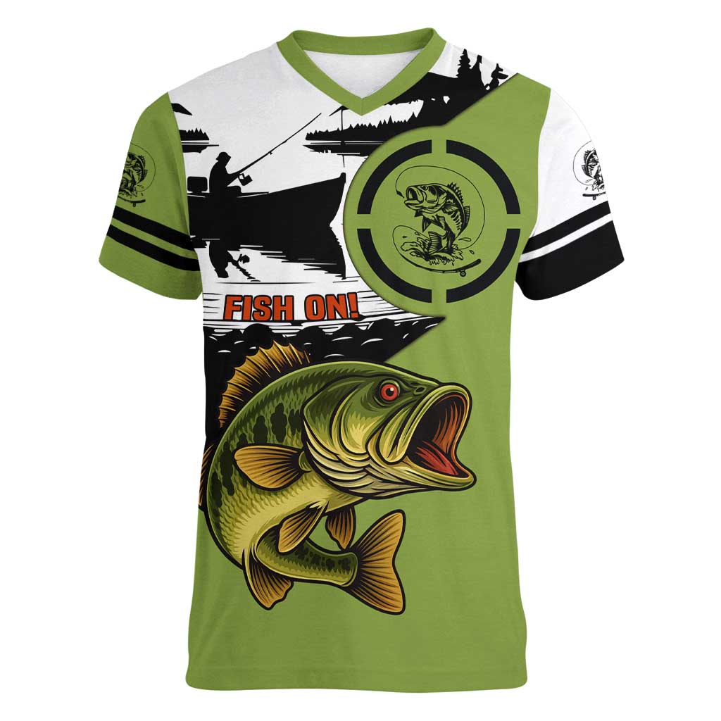 Largemouth Bass Fishing Women V-Neck T-Shirt Fish On Text and Boat Scene in Green and Black Custom Design - Wonder Print Shop