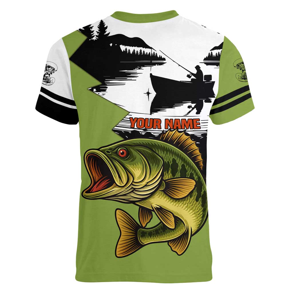 Largemouth Bass Fishing Women V-Neck T-Shirt Fish On Text and Boat Scene in Green and Black Custom Design - Wonder Print Shop