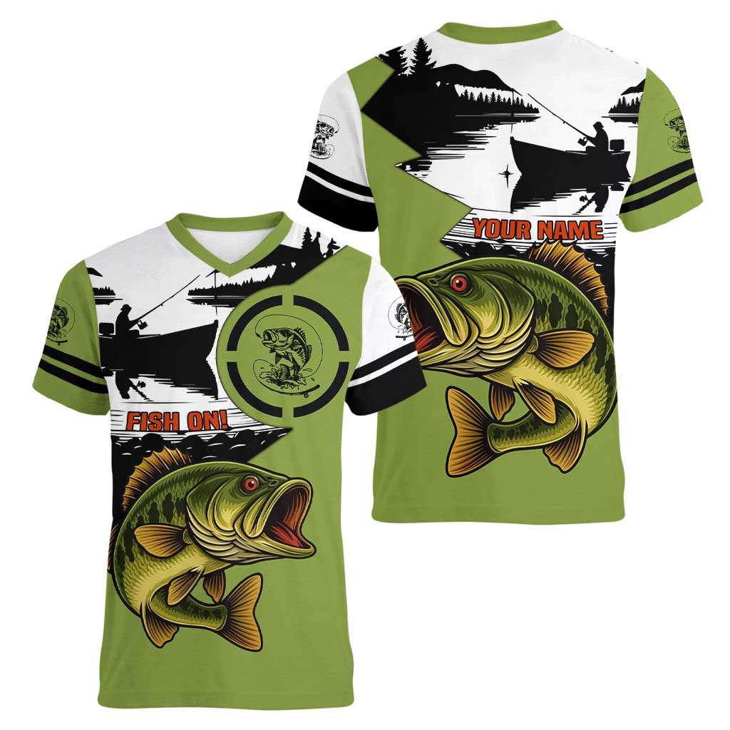 Largemouth Bass Fishing Women V-Neck T-Shirt Fish On Text and Boat Scene in Green and Black Custom Design - Wonder Print Shop