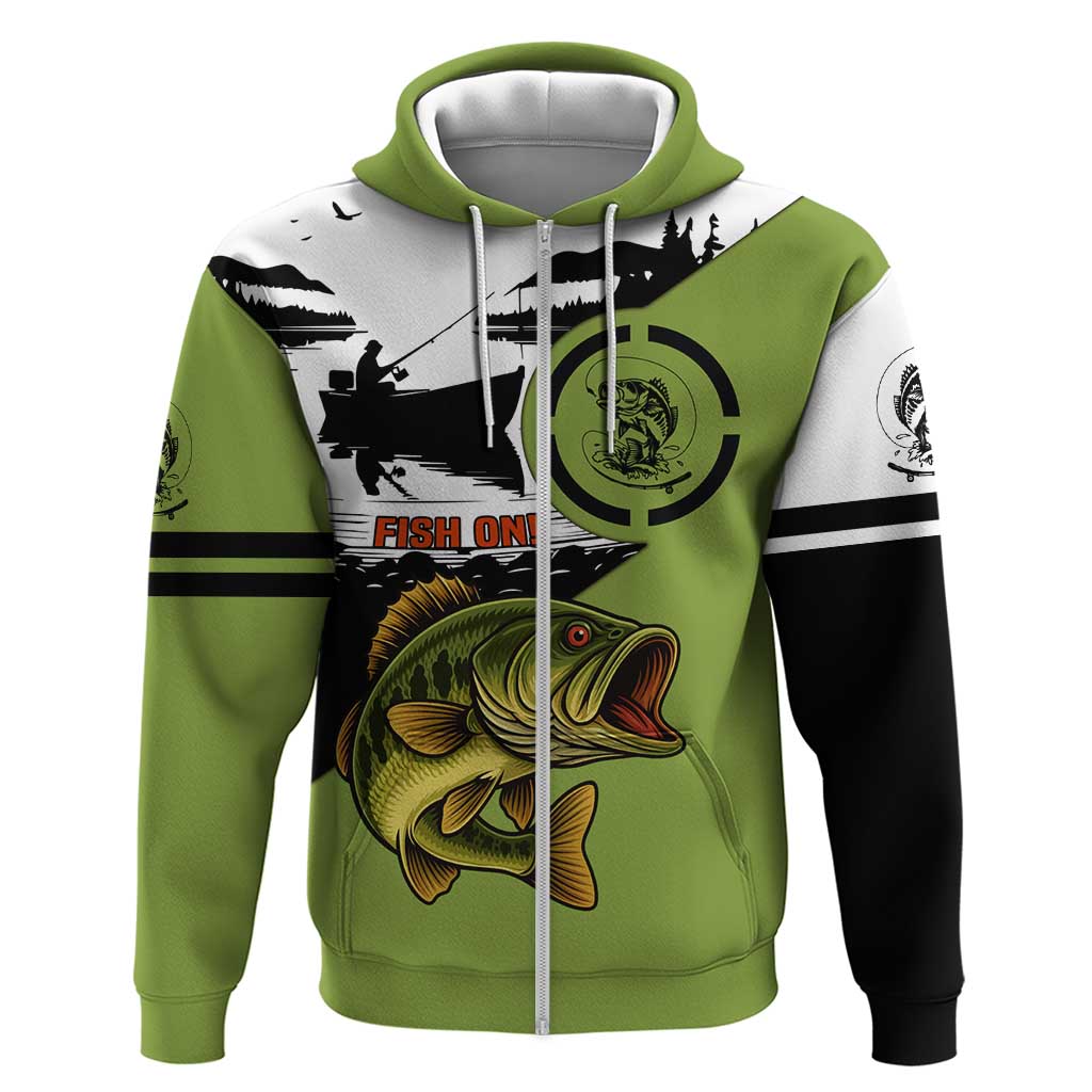 Largemouth Bass Fishing Zip Hoodie Fish On Text and Boat Scene in Green and Black Custom Design - Wonder Print Shop