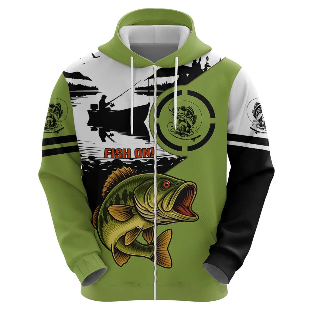 Largemouth Bass Fishing Zip Hoodie Fish On Text and Boat Scene in Green and Black Custom Design - Wonder Print Shop