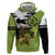 Largemouth Bass Fishing Zip Hoodie Fish On Text and Boat Scene in Green and Black Custom Design - Wonder Print Shop